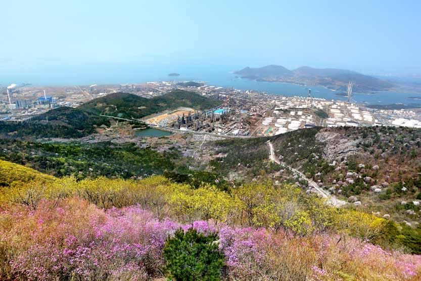 봄날의영취산은분홍빛진달래로물든다. 영취산정상에서면저멀리여수국가산업단지와광양만이보인다. 여수옛도심중앙동에는이순신광장이있다. 진남관에서바다를향해 200여m를걸어내려오면이순신동상과거북선이있는광장이모습을드러낸다.