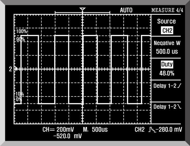 100Mhz / 60Mhz Digital Storage Oscilloscope Series 4 네번 Measure 를누르십시오. 그림 4-12 측정 4/4 기능메뉴표시설명 측정 4/4 Source CH1/CH2 측정된신호에대한입력채널을설정하십시오.