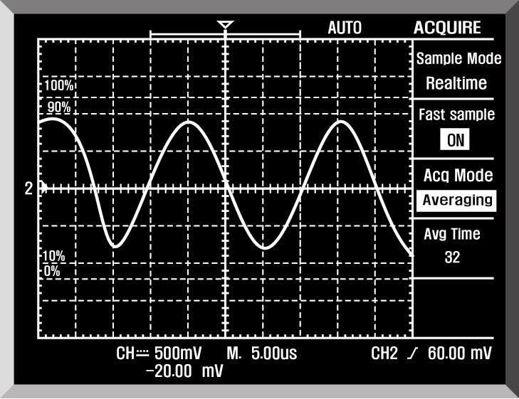 Series 100Mhz / 60Mhz Digital Storage Oscilloscope 4-4-7 샘플시스템메인메뉴에들어가다음기능을설정하기위해 Sampling을눌러주십시오. 그림 4-15 샘플링기능 기능메뉴 설정 설 명 샘플링모드 실시간실시간샘플링등가등가샘플링 Fast Sample On 쇄신비율을개선하기위해빠른트리거를엽니다.