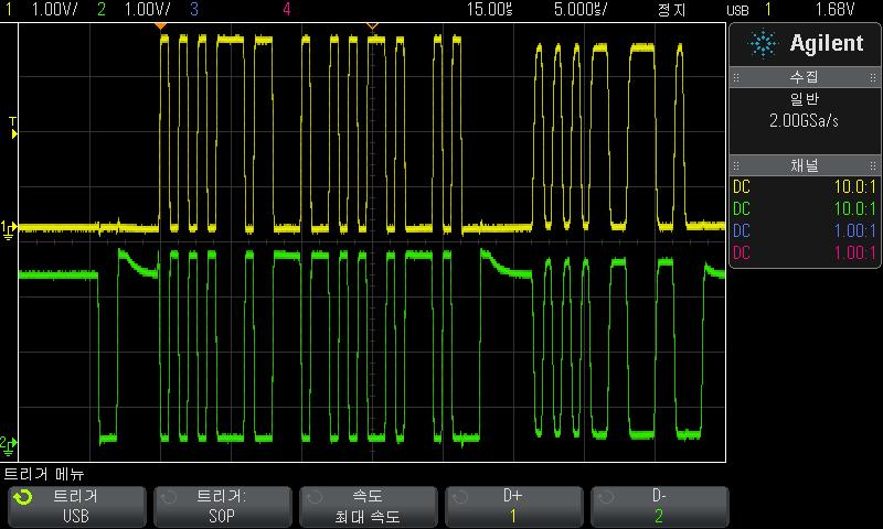 트리거 10 5 트리거메뉴에서트리거소프트키를누른다음엔트리노브를돌려 USB 를선택합니다. 6 트리거 : 소프트키를눌러 USB 트리거가발생할위치를선택합니다. SOP( 패킷시작 ) 패킷의시작부분에서동기비트에트리거합니다. EOP( 패킷끝 ) EOP 의 SE0 부분끝에트리거합니다. RC( 재설정완료 ) SE0 이 > 10 ms 일때트리거합니다.