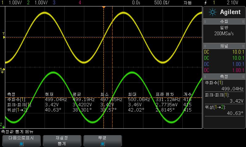 측정 14 측정값이름, 현재측정된값, 평균, 최소측정값, 최대측정값, 표준편차및측정이실행된횟수 ( 카운트 ) 등의통계가표시됩니다. 통계는캡처된파형의총수 ( 카운트 ) 를기준으로합니다. 통계화면에표시되는표준편차는표준편차측정을계산할때사용되는것과동일한공식으로계산됩니다. 해당공식은 AC RMS" 페이지에 197 라는제목의섹션에나와있습니다.