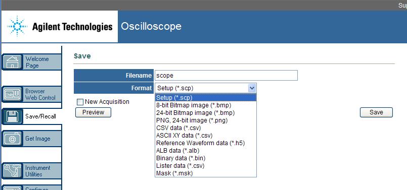 20 웹인터페이스 미리보기를클릭하면오실로스코프의현재화면이미지를볼수있습니다. 미리보기중새수집확인란을사용하면미리보기전에새로운수집작업이실행되도록만들수있습니다. 일부형식에서는설정정보저장을클릭하여설정정보를 ASCII.txt 형식파일로저장할수있습니다. c 저장을클릭합니다. 현재수집결과가저장됩니다. d 파일다운로드대화상자에서저장을클릭합니다.