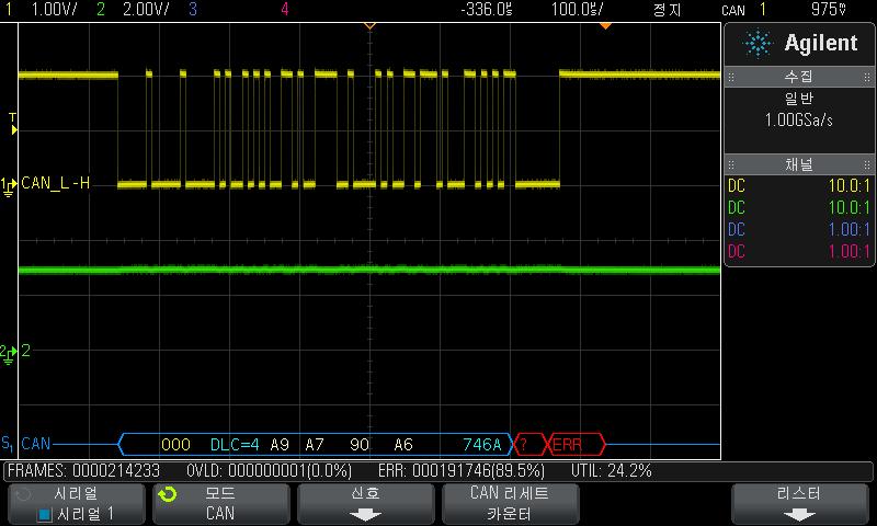 22 CAN/LIN 트리거링및시리얼디코드 CAN 디코드해석 Active Error Frame (red) Missing Acknowledge (red) CRC (blue) Data (white) Data Length Code (blue) Frame ID (yellow) 프레임 ID 는노란색 16 진수로표시됩니다.