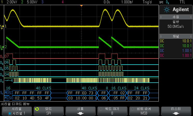 I2C/SPI 트리거링및시리얼디코드 23 SPI 디코드해석 앵글파형은활성버스를나타냅니다 ( 패킷 / 프레임내부 ). 중간레벨청색라인은유휴버스를나타냅니다. 프레임에포함된클럭수는프레임위오른쪽에밝은파란색으로표시됩니다. 디코딩된 16 진수데이터값은흰색으로표시됩니다. 프레임경계내에충분한공간이없을경우디코딩된텍스트가관련프레임의끝부분에서잘립니다.