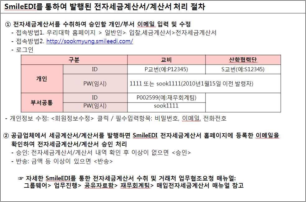 세금계산서 / 계산서의경우 Smile EDI 업체에서발행한경우우리학교의전자거래데이터 로인식되어무증빙결의서로지출이가능하며다음과같은처리절차가필요함 Smile EDI