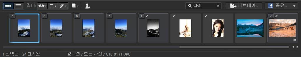 CyberLink PhotoD irector 스택에서 사진 보기 사진 브라우저 패널의 사진을 스택에 넣으면 특히 많은 사진을 찾아볼 때 좀 더 쉽게 볼 수 있습니다. 스택은 사진 섬네일 왼쪽 위 구석에 숫자로 표시됩니다.