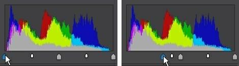 조정 참고: 위의 예에서 몇 개의 픽셀이 0의 값을 갖도록 지정하는지에 따라 사진의 색 상이 변경됩니다. 왼쪽에 있는 슬라이더를 오른쪽으로 끌면 사진의 색상이 어두워집니다.