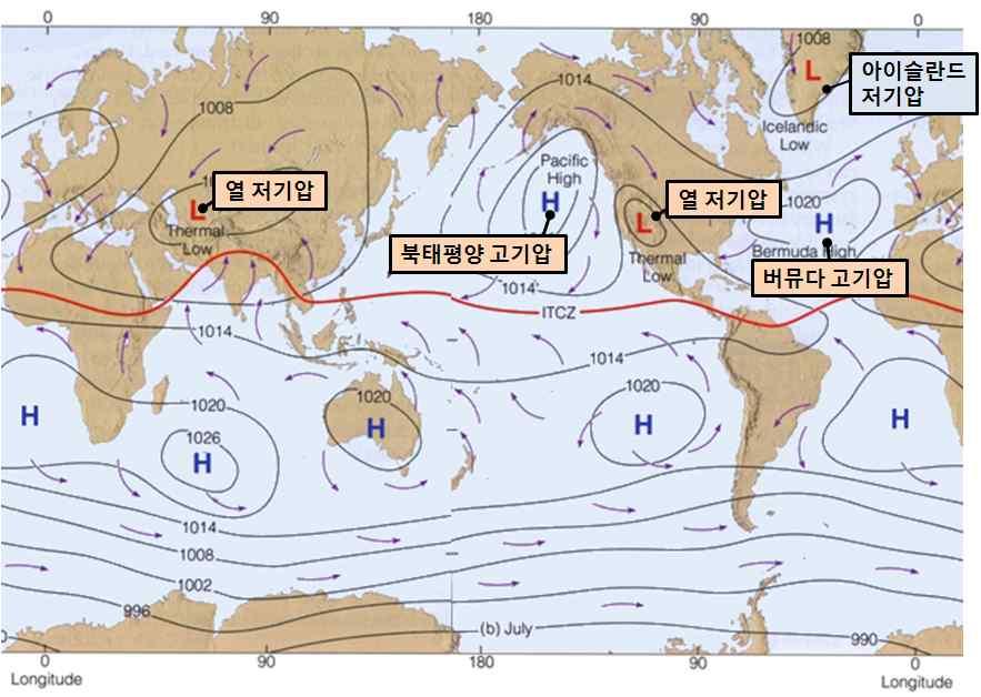 반면, 7월엔유라시아대륙에광범위하게열저기압이자리잡고, 상대적으로북태평양에고기압이발달하고규모도커진다. 북대서양도유사하게버뮤다고기압이발달한다. 이고기압도지구대기대순환에의해발생된고기압이지만대륙의가열로인해그규모가더욱확대된다. Ⅱ. 계절별일기도분석 그림 2.
