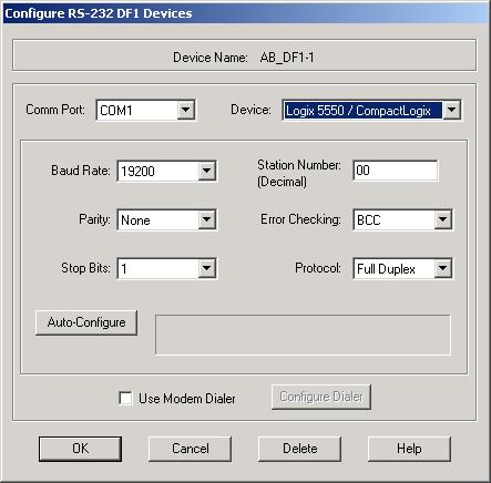 16 CompactLogix 컨트롤러 5. Configure Devices( 장치설정 ) 대화상자의 Comm Port( 통신포트 ) 풀다운메뉴에서케이블을연결할워크스테이션시리얼포트를선택합니다. 6. Device( 장치 ) 풀다운메뉴에서 Logix5550/CompactLogix 를선택합니다. 7.