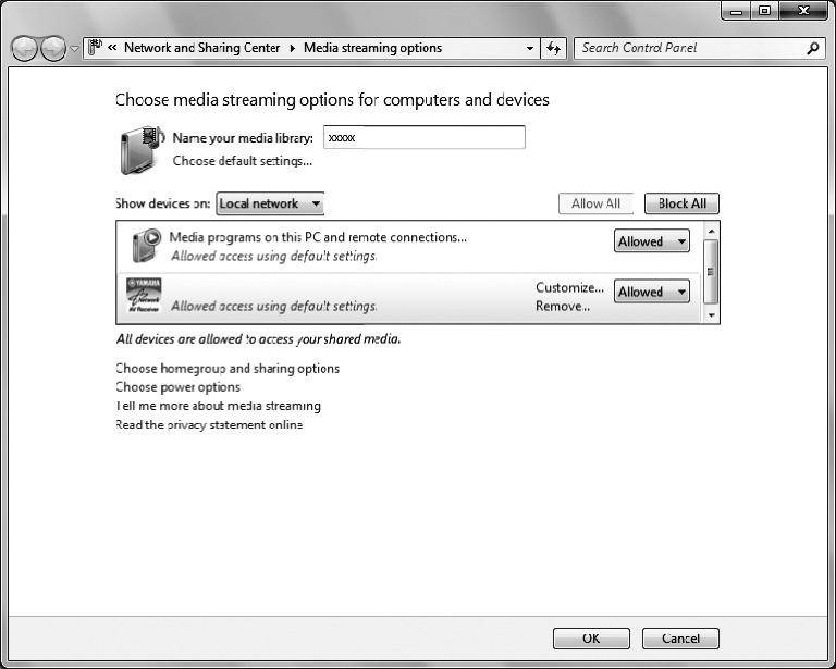 R-N303 음악파일의미디어공유설정 본기기를이용해서컴퓨터의음악파일을재생하려면본기기와컴퓨터사이의미디어공유설정작업을수행해야합니다 (Windows Media Player 12 이상 ). 여기에서는 Windows 7 의 Windows Media Player 설정을예로들겠습니다.