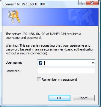 4 장설정 - [ 네트워크 /USB] 메뉴 웹브라우저에서액세스 1) PC 에서웹브라우저를실행합니다. 2) 웹브라우저의 URL 입력필드에프로젝터에의해설정된 IP 주소를입력합니다. 3) "User name" 및 "Password" 를입력합니다.