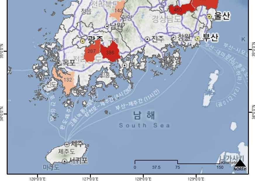 을제외한모든시군에서적게는 1 천여마리에서많게는 1 만마리가넘는야생동물을수렵하였음 - 수렵대상종은꿩이 182,942 마리로단연앞섰고,