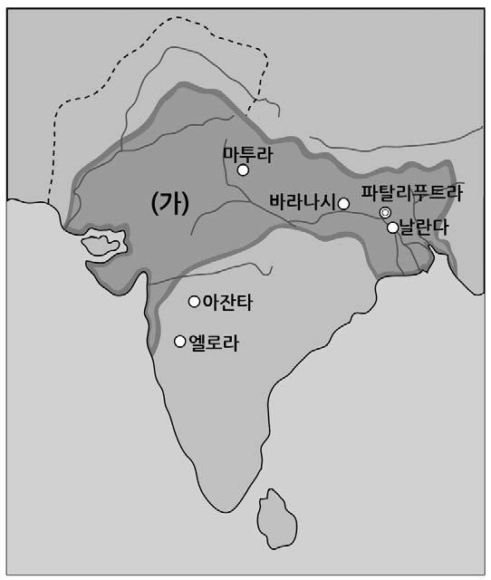 역사 28 회차 4 ( 가 ) 왕조에대한설명으로옳지않은것은? 지도는굽타왕조의영역을나타낸것이다. 굽타왕조의성립과발전과정을생각해본다. 1 산스크리트어문학이발달하였다. 2 4세기경갠지스강중류지역에서성립되었다. 3 힌두교가성립되어인도인의생활을지배하였다. 4 북방민족의침입으로상업과해상무역이쇠퇴하였다. 5 카스트에따른의무를규정하는마누법전이편찬되었다.