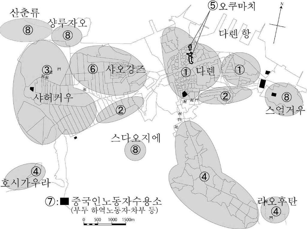 (CBD). 2 상류계층의주민이주로거주하던남산록 후시미다이 바이윈산록등남쪽산록부의고급주택지구. 3 서쪽샤허커우일대의만철공장등공업지구와그사택을비롯한일본인노동자주택지구. 4 구다롄에서라오후탄으로이어지는가도연선과호시가우라에분포한교외전원주택지구및휴양지구. 5 오쿠마치와그인근구역등, 구다롄중심업무지구내에분포하는중산층이상의중국인상업지구.