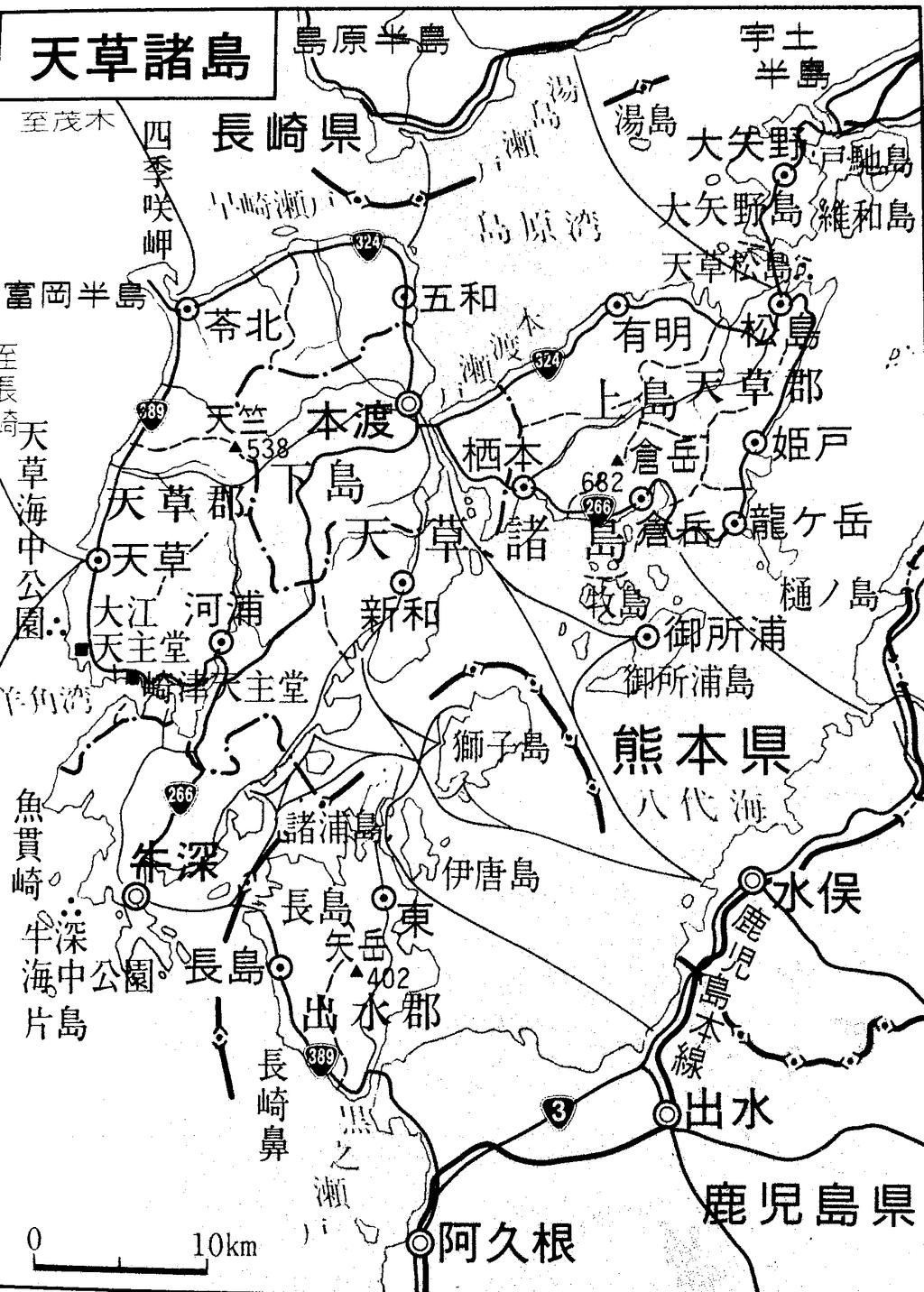 <그림 1> 九州지도 상 天草諸島와 그 주변 ➀ 水俣市 ➁ 八代市 ➂ 八代海 ➃ 天草諸島(上,下島) ➄ 有名海 한반도의 백제인들은 4세기 후반 무렵부터 고구려와의 전쟁으로 인 해45) 끊임없이 왜로 이주해 왔다.46) 이들 이주민 집단은 백제에서 와 筑紫, 그리고 내해인 瀨戶內海를 경유해 難波灣에 對馬 도착하기도 했 葦北津 來 다.