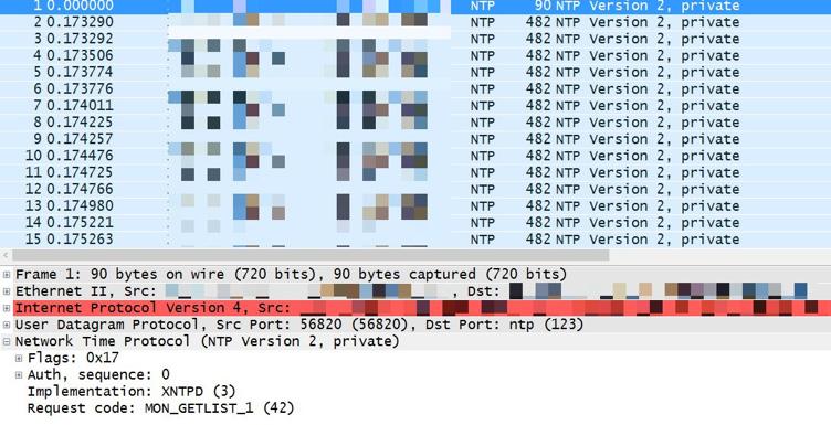 ASEC REPORT 49 SECURITY TREND 20 [ 그림 2-6] 은실제취약한서버에 MON_GET_LIST_1 요청을전송한결과이다. 맨윗줄의패킷이요청패킷으로크기는 90바이트 (byte) 이다. 이서버에서는 482 바이트패킷 100개를응답하였다. 응답패킷의크기는요청패킷크기의약 535배에해당한다.