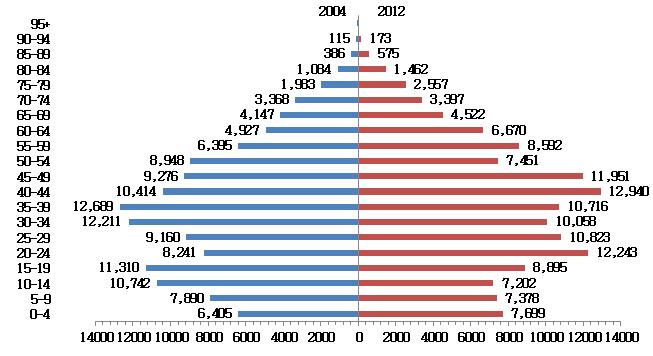 ( 단위 : 만명 ) 2004 년과 2012 년인구연령구조비교 연령대 인구수주 : 이상수치는중국삼성경제연구원이중국통계연감의인구표본조사결과와추출비 (sampling ratio) 에따라계산자료 : 統計局 (2005). 2005 年中國統計年鑒. 北京 : 中國統計出版社, 統計局 (2013). 2013 年中國統計年鑒.