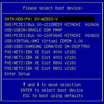 UEFI BIOS의 경우 다음 화면이 나타납니다. 설치에 표시되는 부트 장치 메뉴는 서버에 설치된 디스크 제어기의 유형에 따라 다를 수 있습니다. 4. 5.