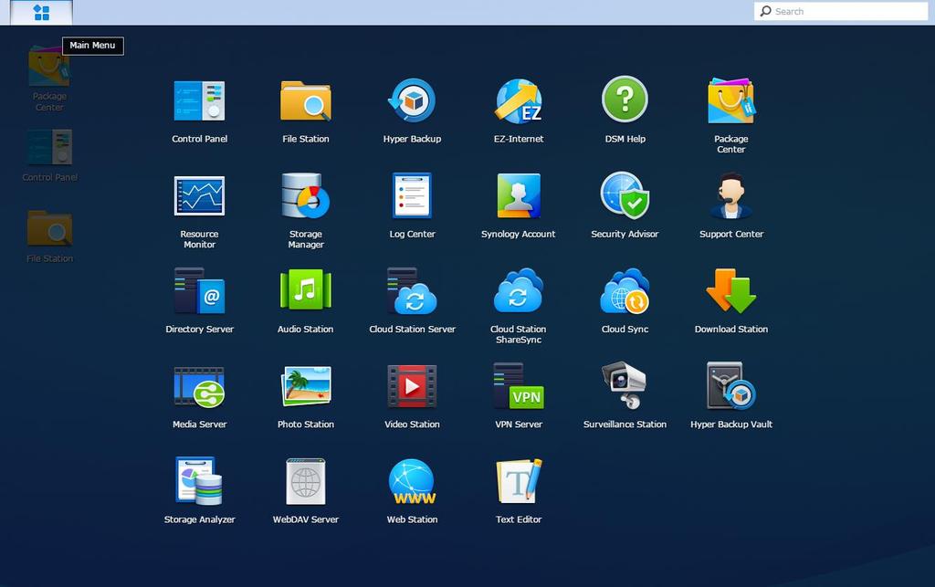 메인메뉴로응용프로그램및패키지열기 메인메뉴 ( 바탕화면왼쪽위에있는단추 ) 는패키지센터로부터 Synology NAS 에설치한모든응용프로그램과패키지를찾을수있는곳입니다.