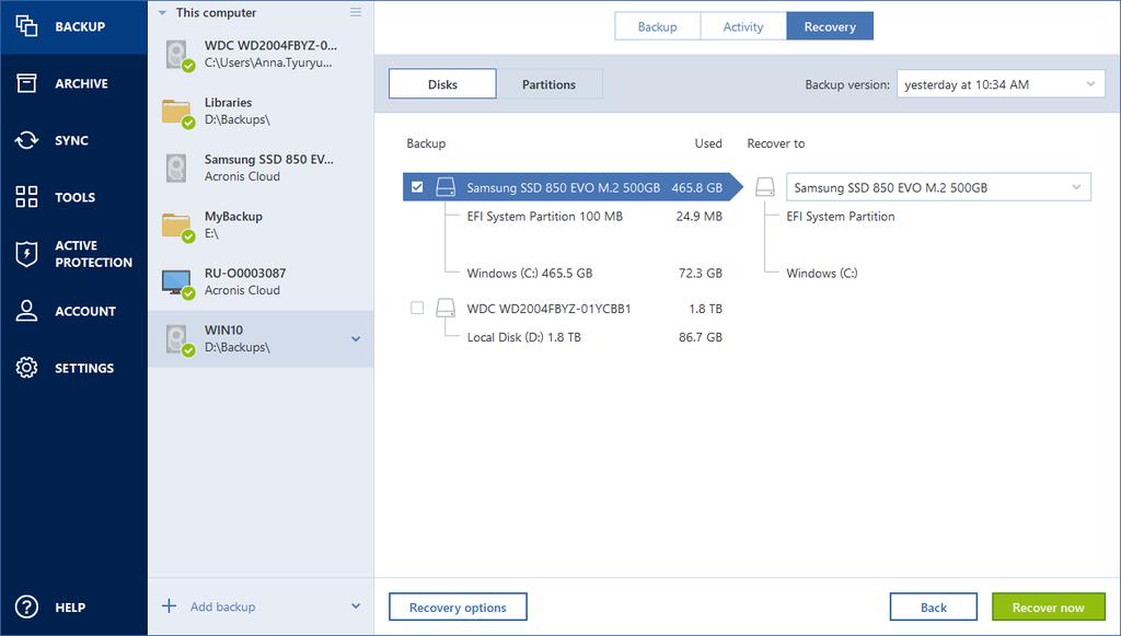 2. Acronis Cloud 에서데이터를복구하려면사용자의 Acronis 계정에로그인해야합니다. 3. 백업섹션에서복구할파티션이나디스크가포함된백업을선택한다음복구탭을클릭하고디스크복구를클릭합니다. 4. 백업버전목록에서백업날짜와시간을기준으로복구할백업버전을선택합니다. 5. 디스크탭을선택하여디스크를복구하거나파티션탭을선택하여특정파티션을복구합니다.