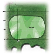 단, Tee Shot 시 Lake 를가로질러 Bunker 를고려한정확한공략을필요로하며, Green 은 Elevated(