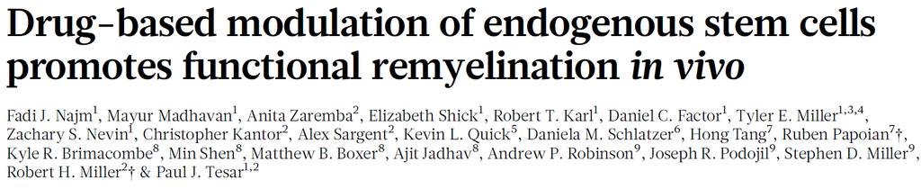 1. 생체내수초형성을촉진하는약물기반내인성줄기세포제어 다발성경화증은중추신경계에서비정상적인자가면역반응과재수초화장애가동반됨. 신경변성및그에따른장애를예방하기위해새로운희소돌 기아교세포의생성을통한재수초화가요구되지만, 현재의치료들은독점적으로면역체계를대상으로함 희소돌기아교세포의전구세포들은중추신경계에존재하는줄기세포들이며, 수초를형성하는희소돌기아교세포의주요공급원임.