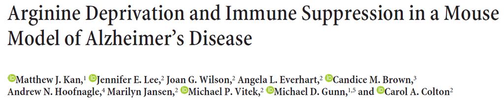2. 알츠하이머질환쥐모델에서보여진아르기닌고갈과면역억제 알츠하이머병 (AD) 의발병기전은중요한미해결문제임 ; 최근의연구들은변화된뇌의면역반응들과질병의진행사이에강한연관성을입증하고있 지만, 신경세포기능장애와죽음의원인은아직잘알려져있지않음 The Journal of Neuroscience April 15, 2015 35(15):5969 5982 미국듀크대학