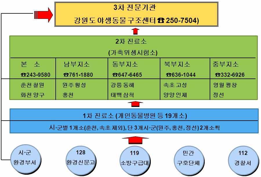 야생동물구조및치료후방사 - 야생동물구조체계를위한강원도시ㆍ군 Network 구축을통한부상야생동물에대한체계적인관리 - 각종질병, 약물중독, 외상등위기상태에처해있는야생동물을신속히구조ㆍ진료 - 부상야생동물의구조에서치료후환경적응훈련을거쳐자연방사 야생동물전문가양성 - 야생동물관련분야의연구자료확보, 제공 - 연구관련정보의통합관리 system 구축 -