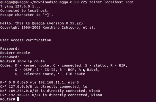 Quagga 기반 SDN 지원라우터구축매뉴얼 그림 A9.4. Quagga 데몬상태체크 4. zebra VTY 에로그인한다. 기본패스워드는 zebra 이다. #telnet localhost 2601 5. 각데몬이고유한환경설정파일과터미널인터페이스를가지고있기때문에그들의포트번호를이용하여 telnet 으로 quagga 데몬에접근할수있다.