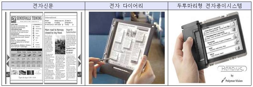 e-book 의경우이미다양한제품들이시장에공급되고있으며전통적인책이가지는특징과디지털디스플레이의장점을결합시켜진보적인수요자들의관심을끌고있습니다. 야외용정보표시기의경우실외에설치된다는점과표시정보가자주바뀌지않는다는점으로인해전자종이가매우적합하다고예상되며, 무선통신을이용하여정보를업데이트하는등의기능이적합것으로판단됩니다.