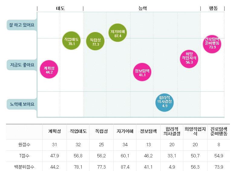 음악, 문학, 환경, 교육분야가높게나타남. 직업적성검사 음악능력및자연친화력이높게나타남. 자기성찰, 대인관계능력이낮게나타남.