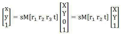 수학식 8 [0038] [0039] 호모그래피행렬 H 의회전행렬에서 R=[r1, r2, r3] 은각각 X, Y, Z 축의회전에관여한다. 여기서객체평면에 대하여 Z=0 인경우 r3 을없애고다음 [ 수학식 9] 와같이쓸수있다. 수학식 9 [0040] [0041] 식을정리하면 H 는다음 [ 수학식 10] 과같다.