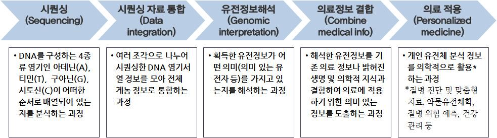 4 개인유전체기반맞춤의료의현황과발전과제 고이러한정의에기초하여본연구의맞춤의료에대한연구범위와논의를한정하고자한다. 본연구에서다루게되는개인유전체 / 유전자분석기반맞춤의료는단순화해보면 [ 그림 1-1] 과같이 DNA 시퀀싱부터유전체정보를의료에적용하는과정까지를포함한다.