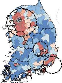 < 표 5-9> 주요대도시의도심및교외인구증가 (1990-2010) 1990-2010 년인구증가지역 구분 1990 1995 2000 2005 2010 서울권 도심 / 도시 0.7 0.6 0.5 0.5 0.5 주변 / 도시 0.7 1.0 1.2 1.3 1.4 부산권 도심 / 도시 1.2 1.0 0.9 0.8 0.8 주변 / 도시 0.3 0.4 0.5 0.5 0.6 대구권 도심 / 도시 3.