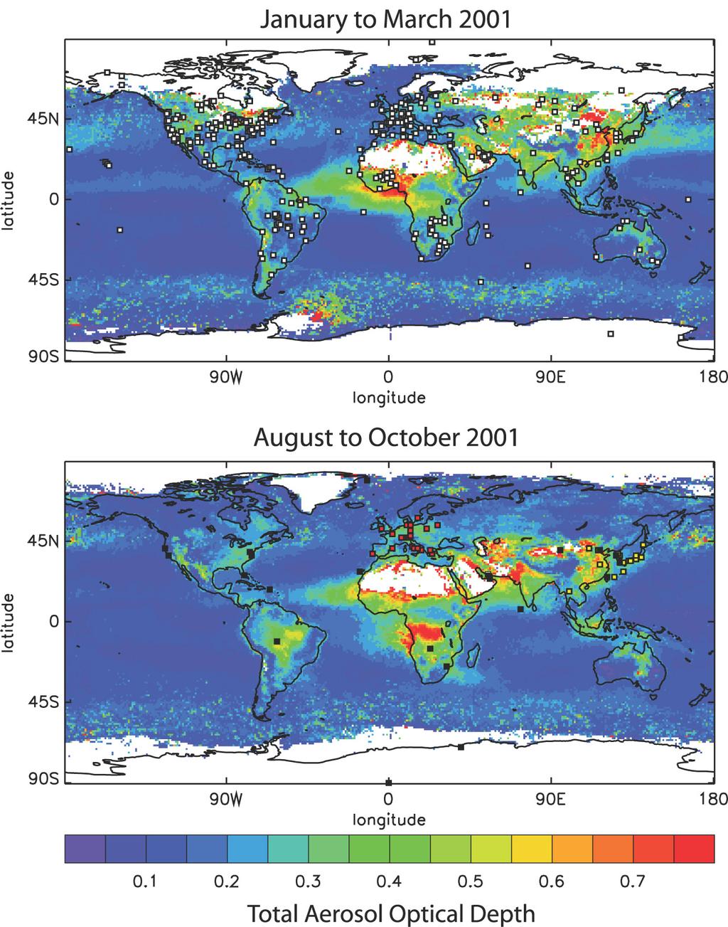 제2장 대기조성과 복사강제력의 변화 면 반사율에 독립적이고 그 때문에 대륙과 해양에 걸친 자 대한 평광성과 방향성 위성(POLDER)은 여러 조망각을 가진 료가 생성될 수 있지만(Torres et al., 2002), 이것은 에어러 다수의 스펙트럼 채널(0.44-0.