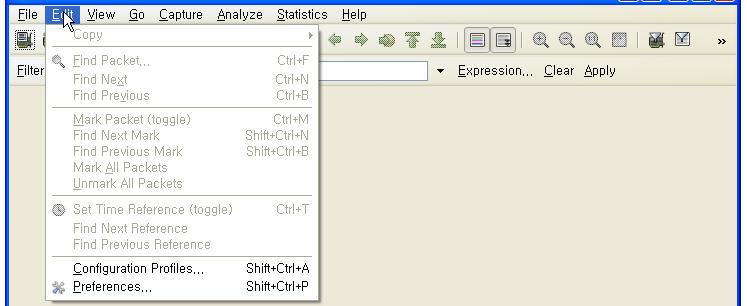 2.2 Edit 그림 4. Edit Copy > As Filter(Shift+Ctrl+C) : 디스플레이필터를만들기위해사용된다. 그후디스플레이필터는클립보드에복사된다. Find Packet...(Ctrl+F) : 디스플레이필터 (display filter) 나기타여러기준에의해서패킷을찾는다. -> Find Packet dialog box 실행.