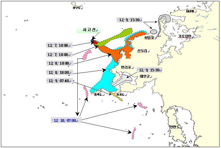 제 4 장국내외사례및시사점 153 < 그림 4-3> 충남태안앞바다유조선원유유출사고피해현장 (2007. 12. 10) 이사고로인해서산가로림만에서태안안면도까지 167km 해안선이오염되었고, 충남태안, 전북군산앞바다총 302개섬중 59개섬지역이피해를입었다 ( 방제대책본부, 2007).