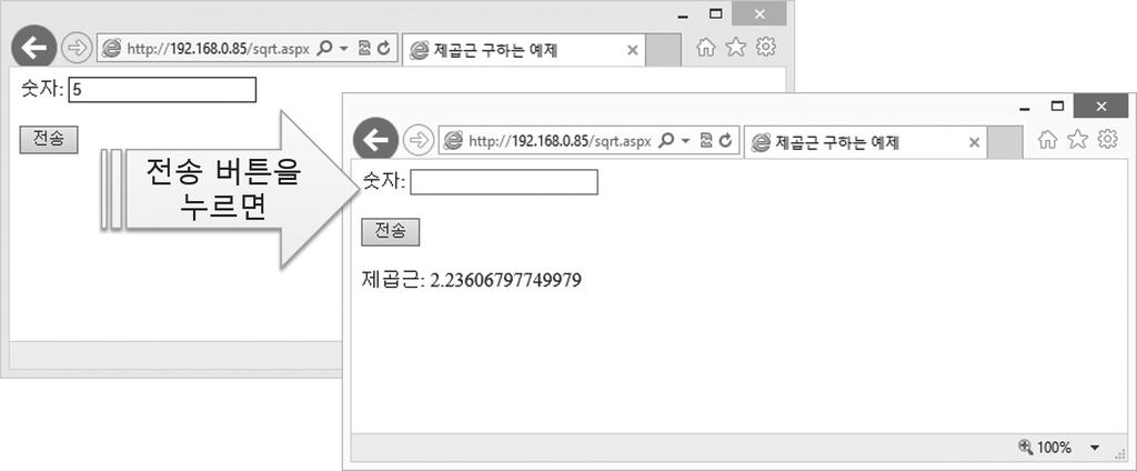 작성된예제페이지를웹브라우저로방문하면그림 12.66 처럼동작하는것을확인할수있다. 그림 12.66: 폼을 submit 한경우 그런데그림 12.66에서뭔가아쉬운부분이있지않을까? 전통적인윈도우폼응용프로그램을다뤄본개발자라면폼이전송된후에보여지는화면의 숫자 : 란에도당연히 5 가출력되리라생각할수있다.