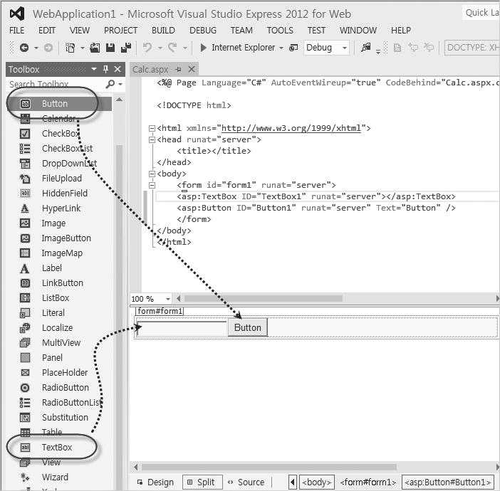 와 Button 하나를추가하는것으로시작할수있다. 그림 12.70 과같이디자인창으로끌어다놓거나, 아니면 HTML 소스창의 <form > 과 </form> 사이에놓아도된다. 그림 12.70: 웹폼에 Button, TextBox 를추가 어느쪽에추가했든지변경된 calc.aspx 파일을저장하고나면 HTML 소스와디자인창의내용이일 치하는것을확인할수있다.