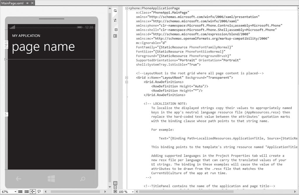그림 12.77: MainPage.xaml 편집및디자인화면 WPF 프로젝트에서편집했던것과동일하게이번에도어느쪽영역을편집하든변경사항을저장하면다른영역으로반영된다. MainPage.xaml의내용은주석을제외하면예제 12.23에서볼수있는것과같이간단하게구성돼있다. 예제 12.23: 윈도우폰앱기본예제 MainPage.
