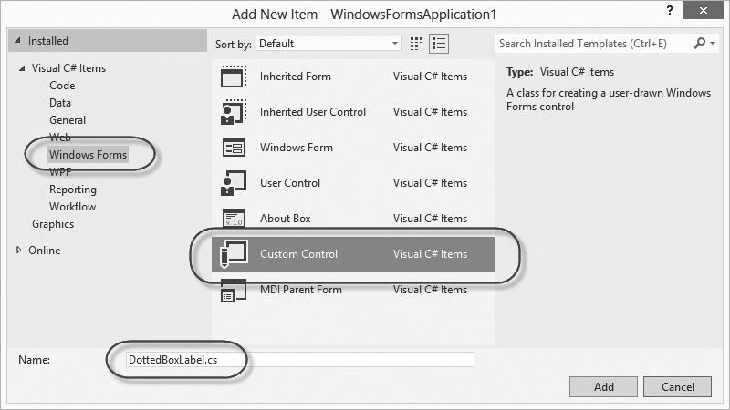 솔루션탐색기의프로젝트항목을마우스오른쪽버튼으로누른다음 추가 (Add) / 새항목 (New Item) 을선택한후나오는대화상자의 Windows Forms 범주에서 사용자지정컨트롤 (Custom Control) 항목으로 DottedBoxLabel.cs 파일을추가한다. 그림 12.30: DottedBoxLabel.