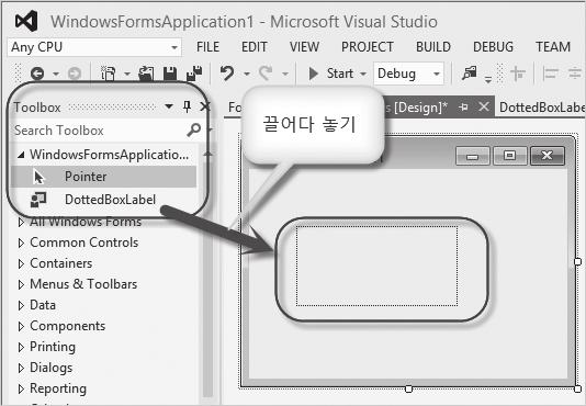 그림 12.31: 도구상자에추가된 DottedBoxLabel 컨트롤 라벨컨트롤이라서당연히출력해야할텍스트가필요하다. DottedBoxLabel 타입에 Text 속성을정 의해야하지만부모클래스인 Control 타입은이속성을기본적으로제공하므로단순히 OnPaint 에 서이를출력하면된다.