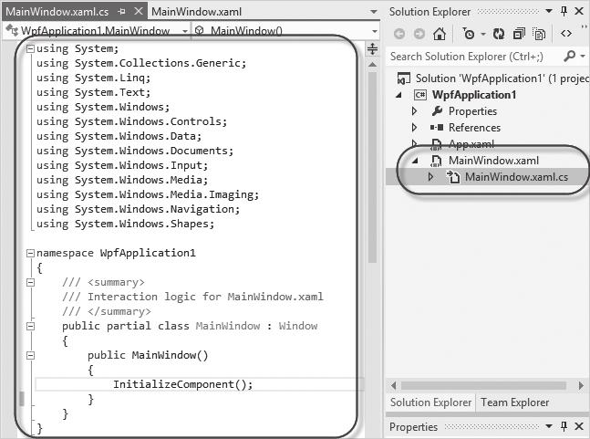 Grid grid = new Grid(); window.content = grid; 솔루션탐색기에서 MainWindow.xaml 을펼쳐보면 MainWindow.xaml.cs 파일을선택할수있고 기본내용은그림 12.38 과같다. 그림 12.38: MainWindow.xaml.cs 파일 코드파일에는 WpfApplication1 네임스페이스아래에 MainWindow 타입이정의돼있고생성자에 는 InitializeComponent 메서드가호출되고있다.