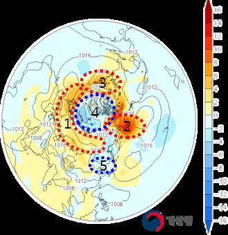 에서평년보다지위고도가높았고, 그린란드를중심으로한북극 4), 중국북부7) 에서지위고도가평년보다낮아, 캐나다와몽골의기온이평년보다낮았습니다.
