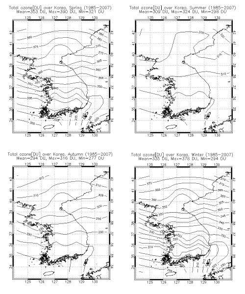 북쪽에서남쪽까지의오존전량의차이가 79 DU 로나타났다. 이와같이웅기와제 주의차이가여름에는 26 DU, 가을에는 39 DU, 겨울에는 84 DU로위도에따라 오존전량경도가겨울철에가장크고여 름철에가장작은것으로나타났다. 6.1.1.3 서울상공 2007 년서울상공의일오존전량의 연변화를 6.4 에나타내었다.
