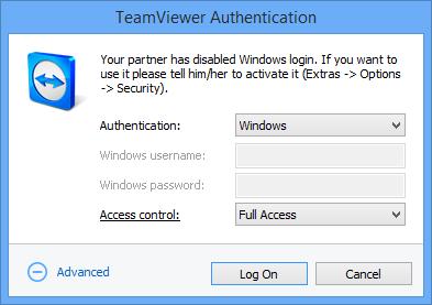 7 다른연결옵션 7.2 Windows 사용자계정을이용한원격컴퓨터인증 ID와비밀번호를사용한 TeamViewer 인증대신, Windows 사용자이름과비밀번호를사용해원격컴퓨터에로그인할수도있습니다. Windows 인증은모든연결모드에서사용할수있습니다. 고급인증대화상자 Windows 인증을사용해원격제어세션에연결하는방법은다음과같습니다. 1.