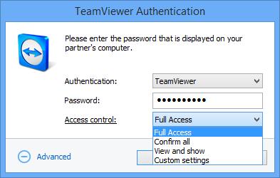 10 기타기능 완전접근 : 파트너의확인없이원격컴퓨터를제어할수있습니다. 모두확인 : 파트너가모든 TeamViewer 동작을승인해야합니다. 예를들어, 파트너의확인이있어야파트너의데스크톱을볼수있고, 추가확인이있어야원격데스크톱을제어할수있습니다. 보기및보여주기 : 파트너가확인하면원격컴퓨터를볼수있고원격컴퓨터에서마우스포인터를움직일수있습니다.