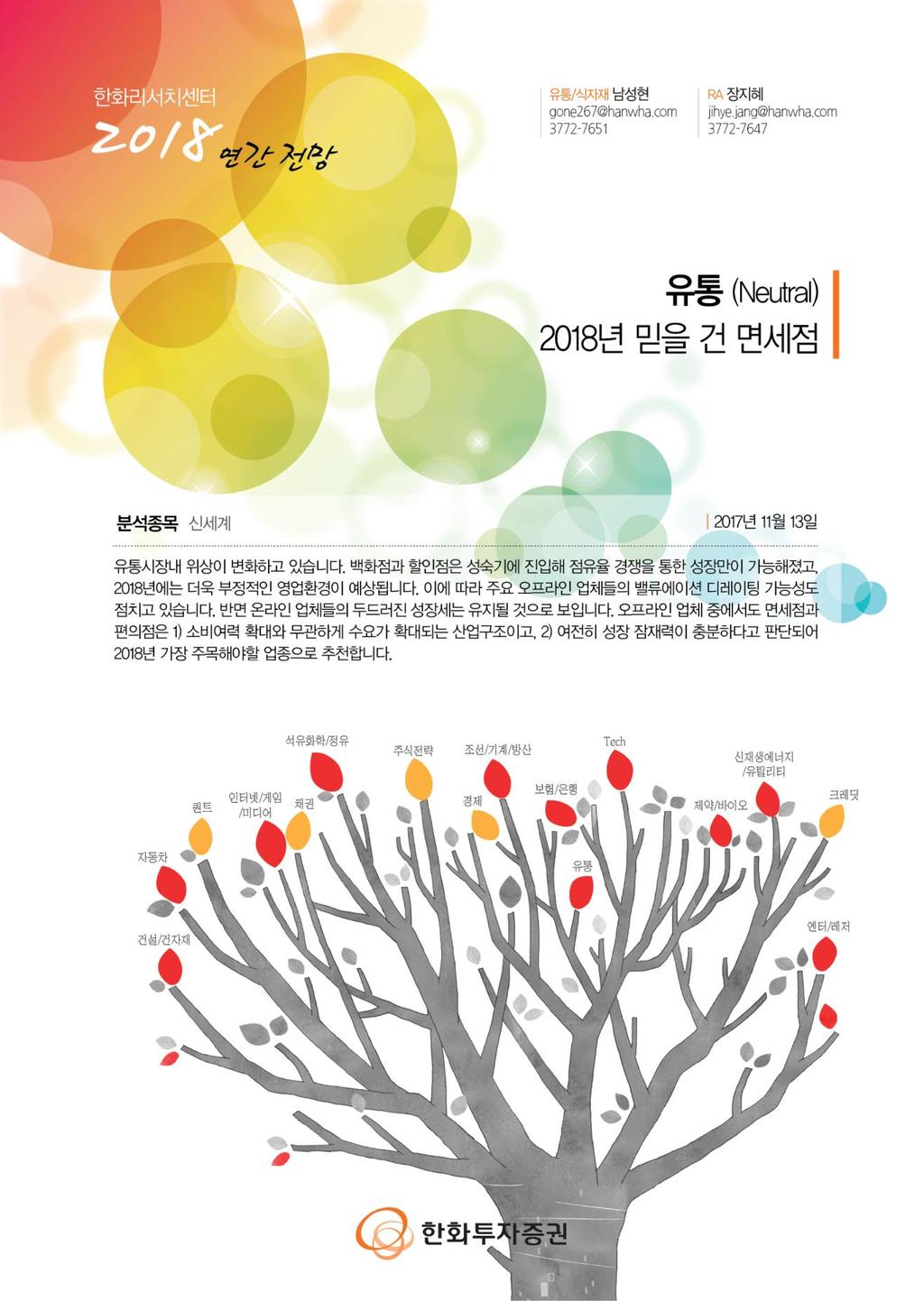 유통 (Neutral) 218 년믿을건면세점 Analyst 남성현 gone267@hanwha.com / RA 장지혜 jihye.jang@hanwha.com 유통시장내위상이변화하고있습니다.