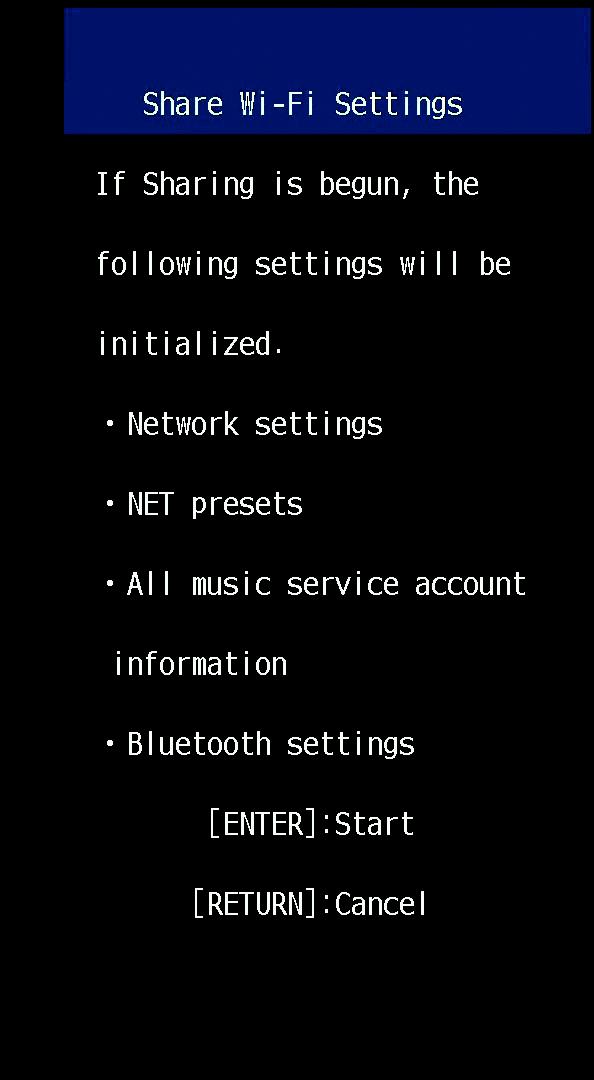 z / ENTER SETUP ( ) RETURN ( ) 8 다음화면이표시되면 ENTER 키를누릅니다. 삭제 ( 초기화 ) 할설정이표시됩니다. 해당설정을삭제하지않으려면 RETURN ( ) 키를눌러연결을끊습니다. 9 다음화면이표시되면 ENTER 키를누릅니다.