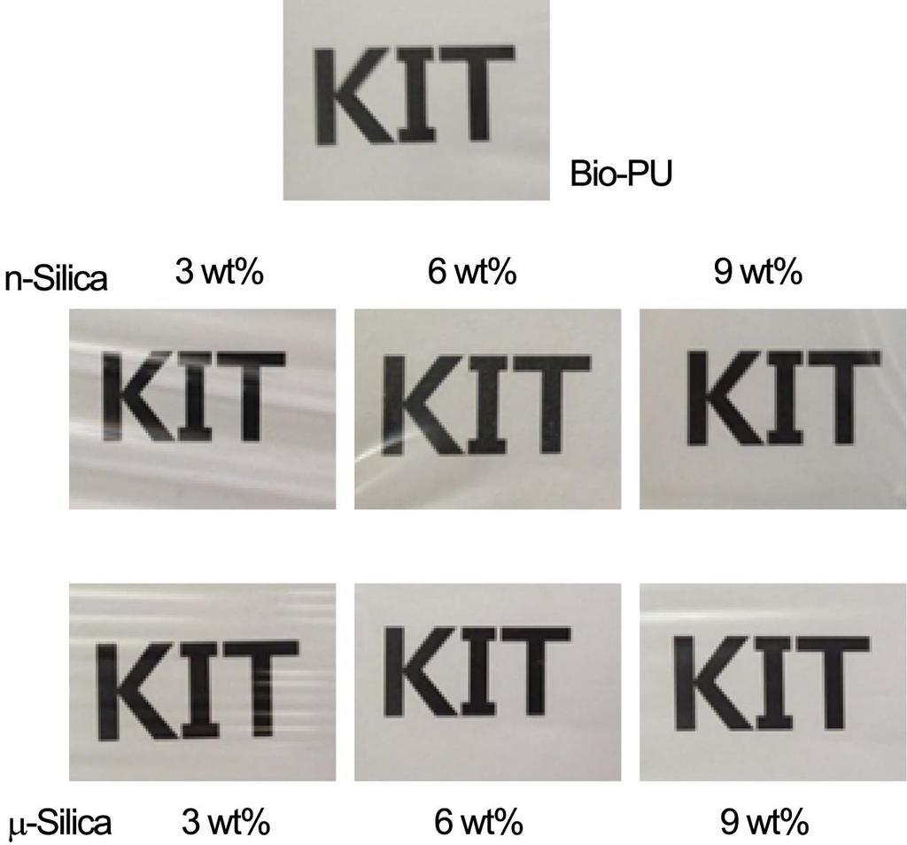 76 강승구 최현진 김진미 이승재 박종성 권오경 민병길 Figure 4. Transparency of neat Bio-PU film and Bio-PU films hybridized with n-silica and µ-silica. µ-silica의 평균입도는 각각 180 200 nm, 1.